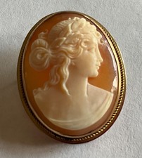 14K Gold Shell Cameo Pin/Pendant, Carved Left-Facing Woman, Ornate Scrolled Frame, listing 5