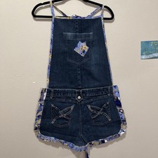 upcycled apron handmade Handmade Upcycled Denim Apron with Eyelet Lace Trim and Fabric Appliqués