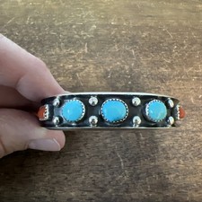 Native American Style Sterling Silver Cuff Bracelet with Turquoise Cluster — listing 6