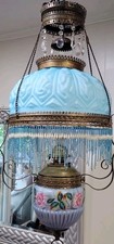 Antique Victorian Hanging Oil Library Lamp with Hand-Painted Rose Font and White Milk Glass Dome Shade — listing 2
