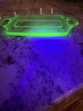 Green Uranium Depression Glass Handled Serving Platter, Paneled Octagonal Form, 10 inch — listing 3