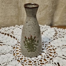 Takahashi Japanese pottery Vintage Takahashi Speckled Stoneware Sake Bottle Vase with Woven Rattan Medallion — listing 6