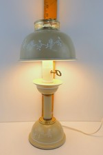 Pair of Vintage Toleware Cylinder Table Lamps with Courting Scene Decoupage and Brass Bases