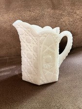 Milk Glass Creamer and Sugar Set with Embossed Floral/Leaf Pattern and Scalloped Rims — listing 3