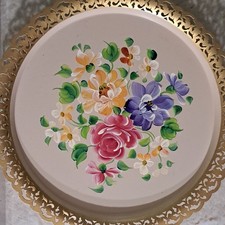 Nashco Hand-Painted Tole Metal Tray with Pierced Rim, Blue Floral Design — listing 4