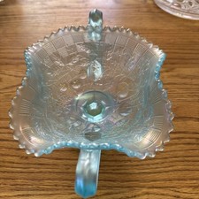 Ice Blue Carnival Glass Ruffled Bowl with Grape & Cable Pattern — listing 2