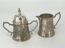 Vintage Silverplate Covered Sugar Bowl and Creamer Set with Gadroon Band and Scroll Handles — listing 4