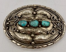 Vintage Southwestern Style Oval Belt Buckle with Turquoise Stones and Feather Motif — listing 5