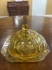 Federal Glass Madrid Amber Depression Glass Cups, Saucers & Square Plates — listing 4