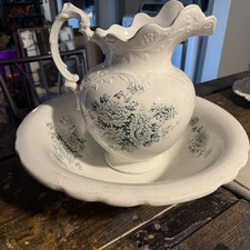Antique Porcelain Wash Pitcher and Basin Set with Pink Roses and Green Swag Transfer Decoration — listing 3