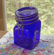 Vintage Cobalt Blue Glass Canister Jar with Embossed COOKIES/FLOUR/SUGAR and Ground-Glass Lid — listing 6
