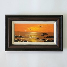 Vintage Framed Coastal Sunset Seascape Print, California-Style Beach and Cliffs, Early-to-Mid 20th Century — listing 2