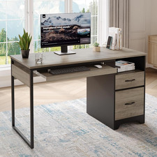 Industrial Style Single-Pedestal Writing Desk with Faux Wood Top and Black Metal Frame — listing 3