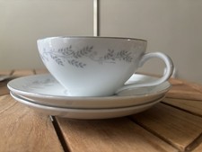 Vintage Translucent Fine China Cup and Saucer, Gray Wheat/Leaf Spray Pattern with Platinum Trim — listing 4