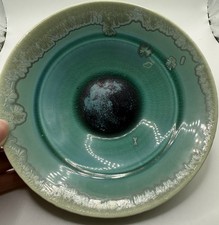Studio Art Pottery Footed Bowl with Teal and Blue Drip Glaze