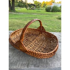 Vintage Woven Wicker Rectangular Basket with Turned Wood Handles — listing 3