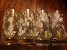 Vintage Libbey Green Etched Leaf Tumblers / Drinking Glasses