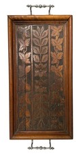 Antique Carved Walnut Tilt-Top Tray Table with Glass Top and Bronze Handles — listing 2
