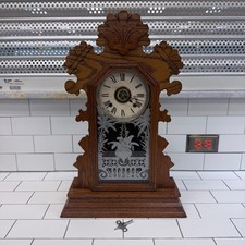 Antique Victorian Gingerbread Mantel Clock with Painted Case and Pendulum — listing 2