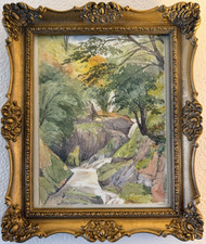 Antique Watercolor Landscape Painting with Palm Trees, Framed — listing 2