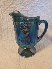 Indiana Glass Blue Iridescent Carnival Glass Pitcher Harvest Grape Pattern — listing 5