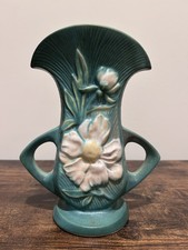 Roseville Pottery Peony Pattern Two-Handled Bugle Vase in Golden Tan — listing 2