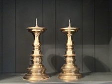Pair of Vintage Solid Brass Turned Candlesticks with Faceted Knop and Square Stepped Bases — listing 5