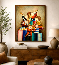 Whimsical Figural Painting of Two Musicians on Canvas, Signed