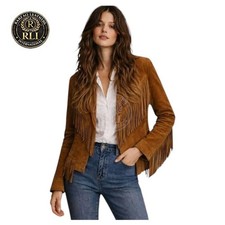 Vintage Western Fringe Suede Leather Jacket, OK Clothing (Camp Casey Korea), Tan/Brown — listing 6
