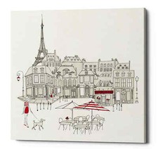 Framed Paris Café Scene Art Print with Eiffel Tower, Woman Walking Poodle, Red Accents