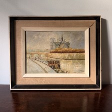 Vintage Notre Dame Cathedral Paris Seine Oil Painting on Canvas, Signed, Framed — listing 2