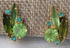 Vintage Gold-Tone Multi-Color Rhinestone Statement Clip Earrings