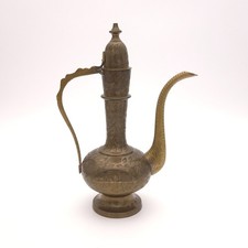 Indian brass ewer Vintage Indian Etched Brass Aftaba Ewer Pitcher with Hinged Lid — listing 6