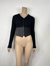 Dolce & Gabbana Black Pointelle Knit Henley Top with Blue Glitter Logo, Size 42 — listing 2