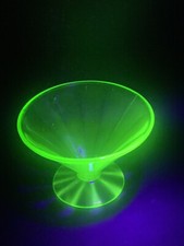 Vintage Uranium Green Depression Glass Footed Sundae Dish / Small Compote with Embossed Floral Scroll Pattern, 3 inches tall — listing 4