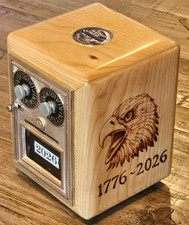 Handcrafted Wooden Coin Bank with Antique Post Office Box Door (Combination Dial Door) — listing 6