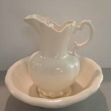 Antique Porcelain Wash Pitcher and Basin Set with Pink Roses and Green Swag Transfer Decoration
