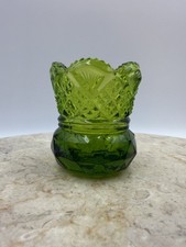 Vintage Forest Green Pressed Glass Footed Fan Vase with Diamond Point Pattern