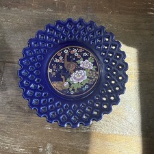 Cobalt Blue Reticulated Pierced Ceramic Plate with Hand-Painted Enamel Flowers and Gold Accents — listing 4