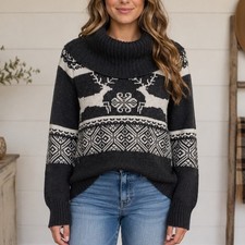 Cowl Neck Christmas Reindeer Fair Isle Pocketed Sweatshirt, Grey and Red — listing 3