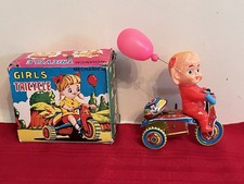 Vintage MTU Wind-Up Tin Litho Girl on Tricycle Toy, Made in Korea
