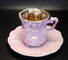 Antique German Iridescent Lustreware Miniature Demitasse Cup & Saucer with Gilt and Pink Wave Decoration — listing 2