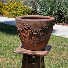 Terracotta Planter with Chevron/Herringbone Textured Pattern (with live Hosta plant) — listing 3