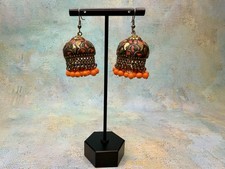 Vintage Afghan Kuchi Tribal Drop Earrings with Red Coral Glass Cabochons — listing 3