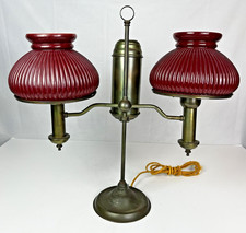 Vintage Double Student Lamp with Cobalt Blue Glass Fonts, Etched Glass Chimney Shades, Brass Column and Marble Base — listing 2