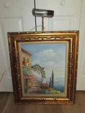 Vintage Italian Landscape Oil Painting, Bay of Naples with Umbrella Pines and Vesuvius, Ornate Gilt Frame, listing 5