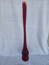 Vintage Ruby Red Amberina Swung Vase with Iridescent Carnival Glass Hexagonal Base