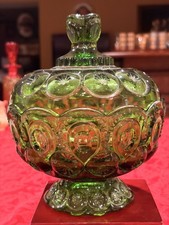 Vintage Green Glass Moon and Stars Pattern Ruffled Rim Footed Compote — listing 5