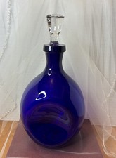 Blown Glass Decanter with Cobalt Blue Flame Stopper, Gold Accent and Pedestal Foot