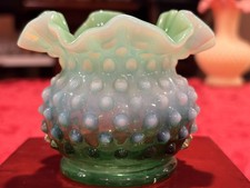 Green Opalescent Hobnail Footed Compote / Candy Dish with Ruffled Rim